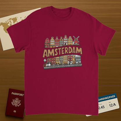 cardinal red Amsterdam Netherlands Unisex Travel T-Shirt on wooden background with world map, passport, and boarding pass