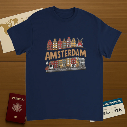 navy Amsterdam Netherlands Unisex Travel T-Shirt on wooden background with world map, passport, and boarding pass