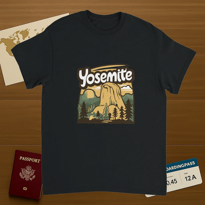 black Yosemite USA Unisex Travel T-Shirt on wooden background with world map, passport, and boarding pass