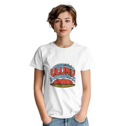 Uluru Australia Unisex Travel T-Shirt on wooden background with world map, passport, and boarding pass
