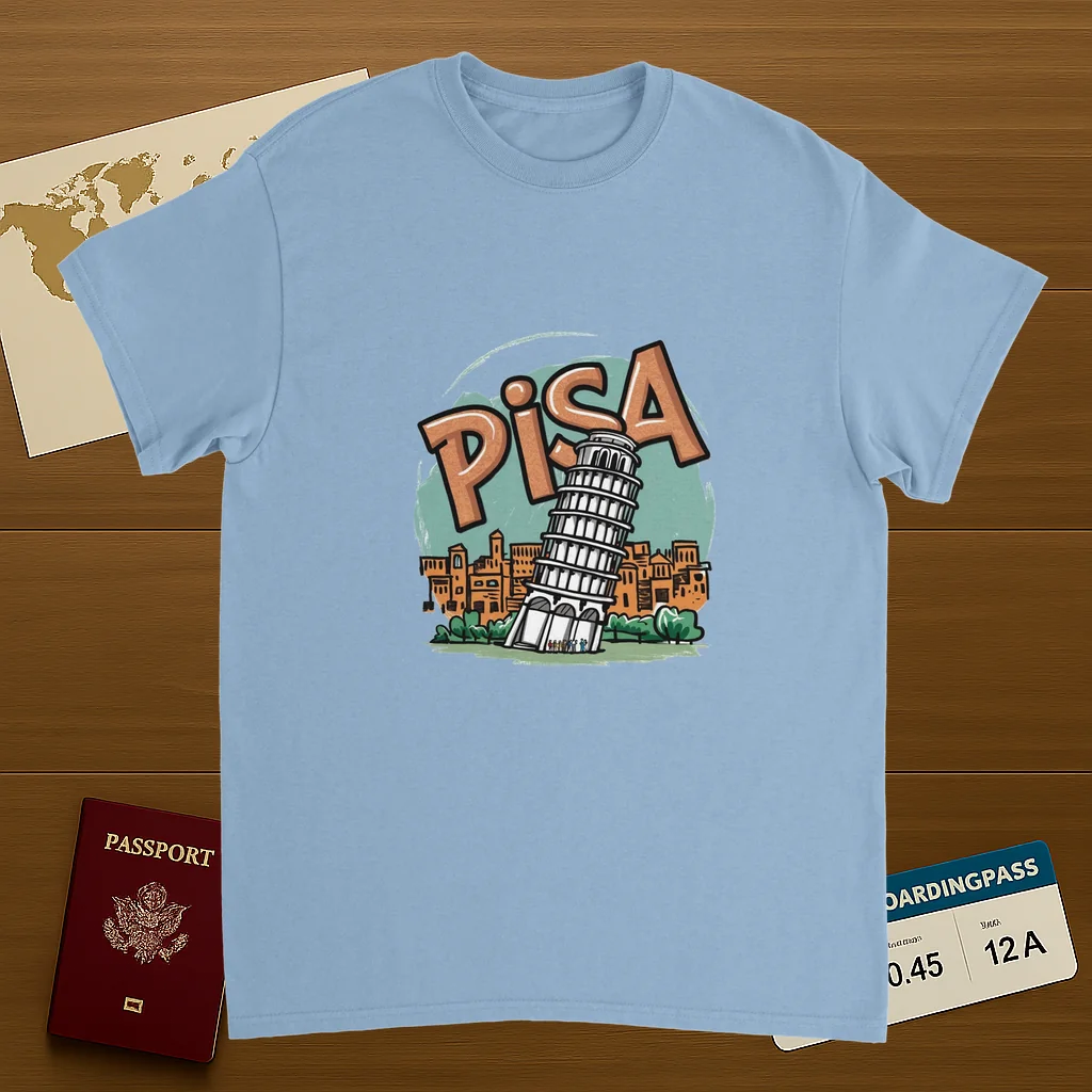 light blue Pisa Italy Unisex Travel T-Shirt on wooden background with world map, passport, and boarding pass