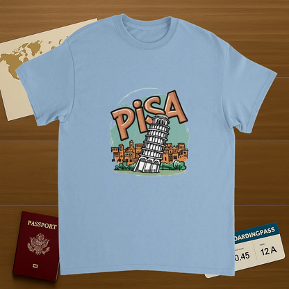 light blue Pisa Italy Unisex Travel T-Shirt on wooden background with world map, passport, and boarding pass
