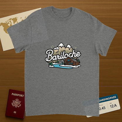 sport grey Bariloche Argentina Unisex Travel T-Shirt on wooden background with world map, passport, and boarding pass