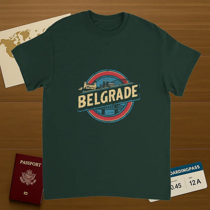 forest green Belgrade Serbia Unisex Travel T-Shirt on wooden background with world map, passport, and boarding pass