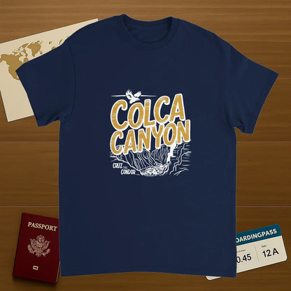 navy Colca Canyon Peru Unisex Travel T-Shirt on wooden background with world map, passport, and boarding pass