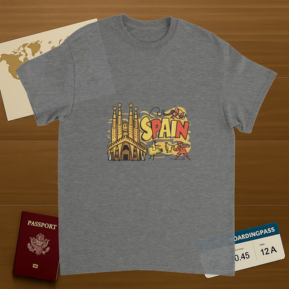 sport grey Spain Unisex Travel T-Shirt on wooden background with world map, passport, and boarding pass