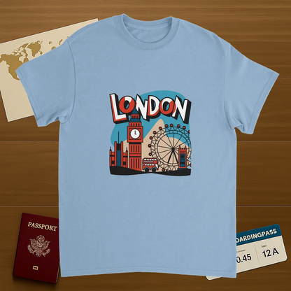 light blue London England Unisex Travel T-Shirt on wooden background with world map, passport, and boarding pass