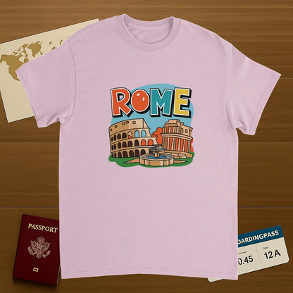 light pink Rome Italy Unisex Travel T-Shirt on wooden background with world map, passport, and boarding pass