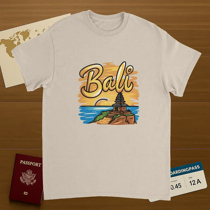 Bali Unisex Travel T-Shirt on wooden background with world map, passport, and boarding pass