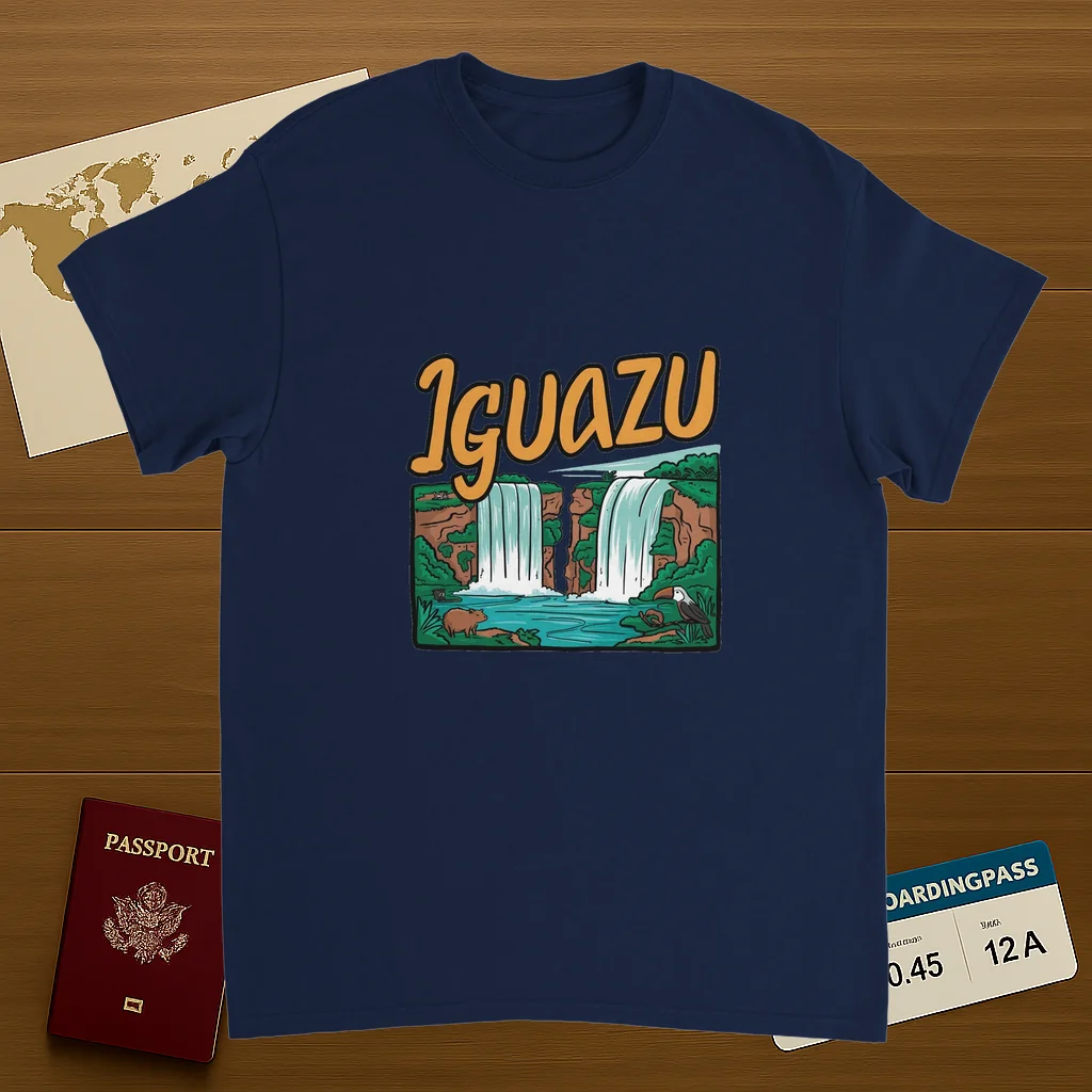 navy Iguazu Falls Unisex Travel T-Shirt on wooden background with world map, passport, and boarding pass
