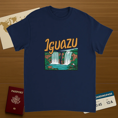 navy Iguazu Falls Unisex Travel T-Shirt on wooden background with world map, passport, and boarding pass