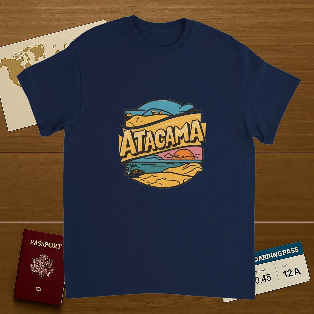 navy Atacama Chile Unisex Travel T-Shirt on wooden background with world map, passport, and boarding pass