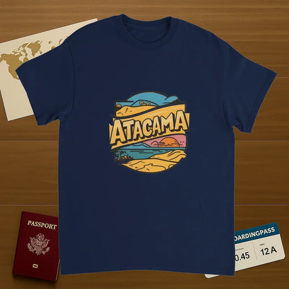 navy Atacama Chile Unisex Travel T-Shirt on wooden background with world map, passport, and boarding pass