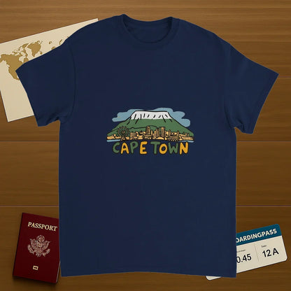 navy Cape Town South Africa Unisex Travel T-Shirt on wooden background with world map, passport, and boarding pass