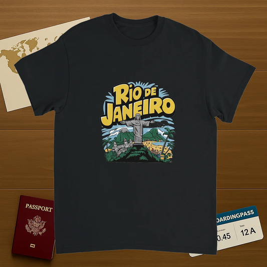 black Rio de Janeiro Brazil Unisex Travel T-Shirt on wooden background with world map, passport, and boarding pass