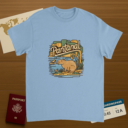 light blue Pantanal Brazil Unisex Travel T-Shirt on wooden background with world map, passport, and boarding pass
