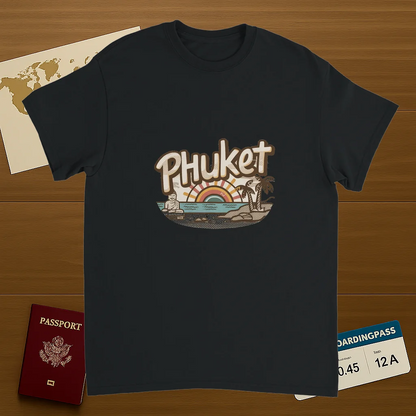 black Phuket Thailand Unisex Travel T-Shirt on wooden background with world map, passport, and boarding pass