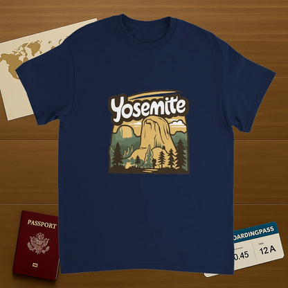 navy Yosemite USA Unisex Travel T-Shirt on wooden background with world map, passport, and boarding pass