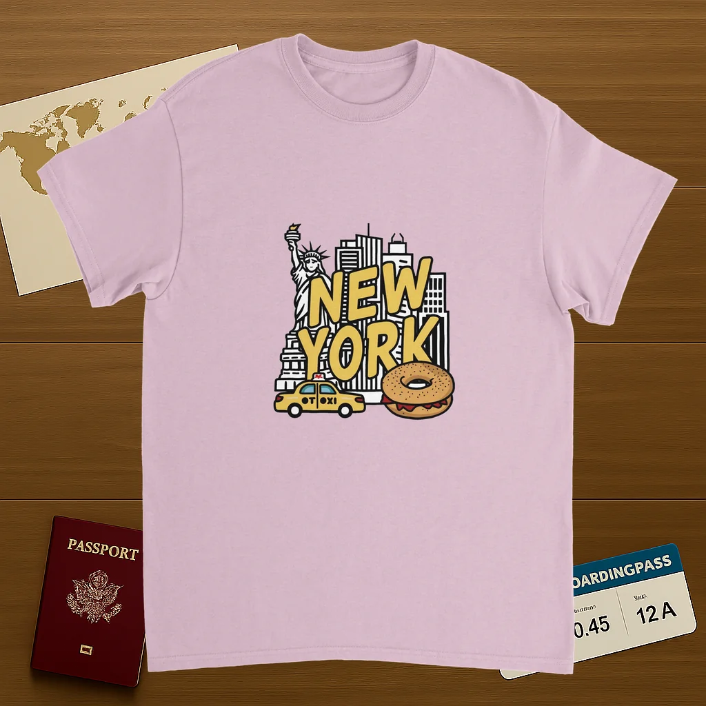 light pink New York USA Unisex Travel T-Shirt on wooden background with world map, passport, and boarding pass