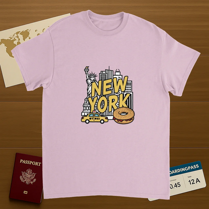light pink New York USA Unisex Travel T-Shirt on wooden background with world map, passport, and boarding pass