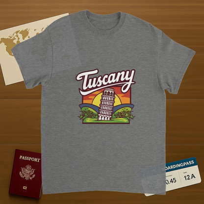 sport grey Tuscany Italy Unisex Travel T-Shirt on wooden background with world map, passport, and boarding pass