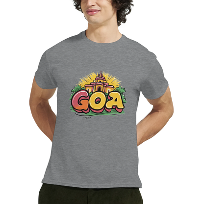 Goa India Unisex Travel T-Shirt on wooden background with world map, passport, and boarding pass
