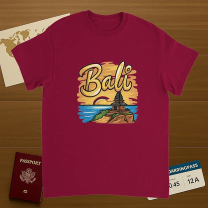 cardinal red Bali Unisex Travel T-Shirt on wooden background with world map, passport, and boarding pass