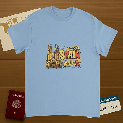 light blue Spain Unisex Travel T-Shirt on wooden background with world map, passport, and boarding pass