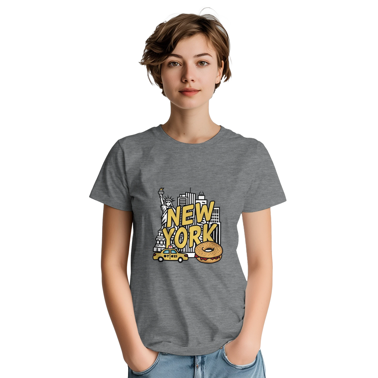 New York USA Unisex Travel T-Shirt on wooden background with world map, passport, and boarding pass