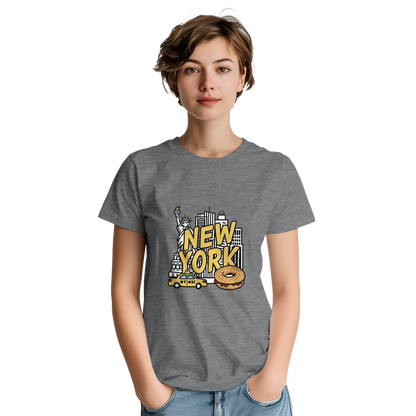 New York USA Unisex Travel T-Shirt on wooden background with world map, passport, and boarding pass