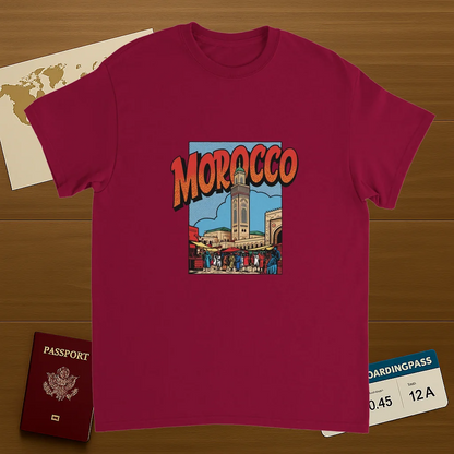 cardinal red Morocco Unisex Travel T-Shirt on wooden background with world map, passport, and boarding pass
