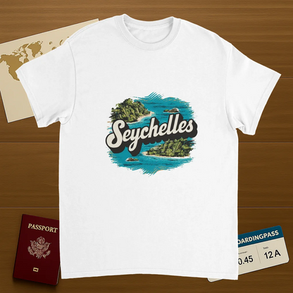 white Seychelles Unisex Travel T-Shirt on wooden background with world map, passport, and boarding pass