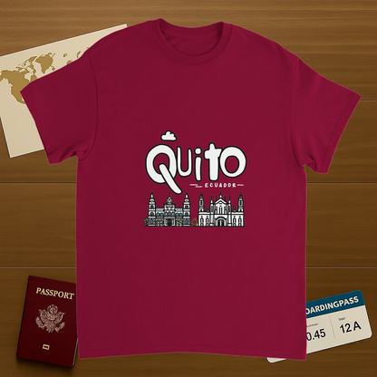 cardinal red Quito Ecuador Unisex Travel T-Shirt on wooden background with world map, passport, and boarding pass