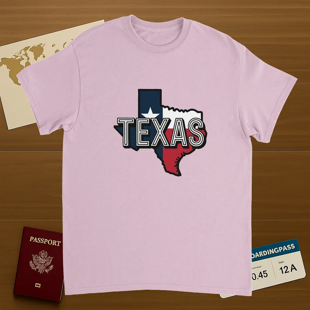 light pink Texas USA Unisex Travel T-Shirt on wooden background with world map, passport, and boarding pass