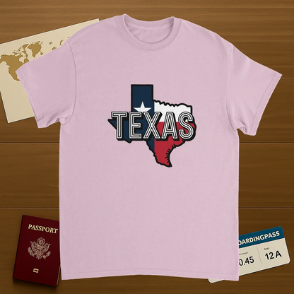 light pink Texas USA Unisex Travel T-Shirt on wooden background with world map, passport, and boarding pass