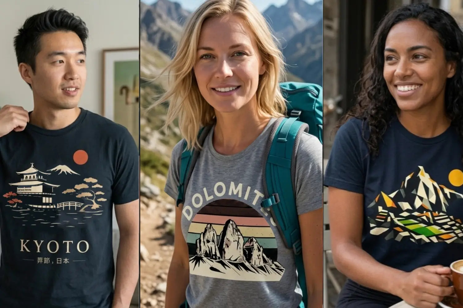 Three people wearing t-shirts with different designs and text.