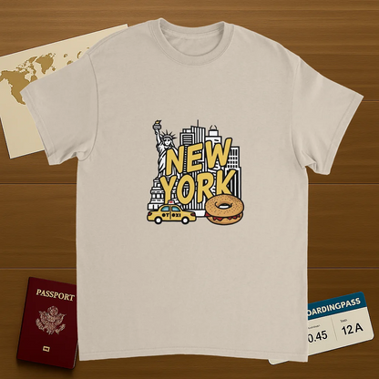 New York USA Unisex Travel T-Shirt on wooden background with world map, passport, and boarding pass