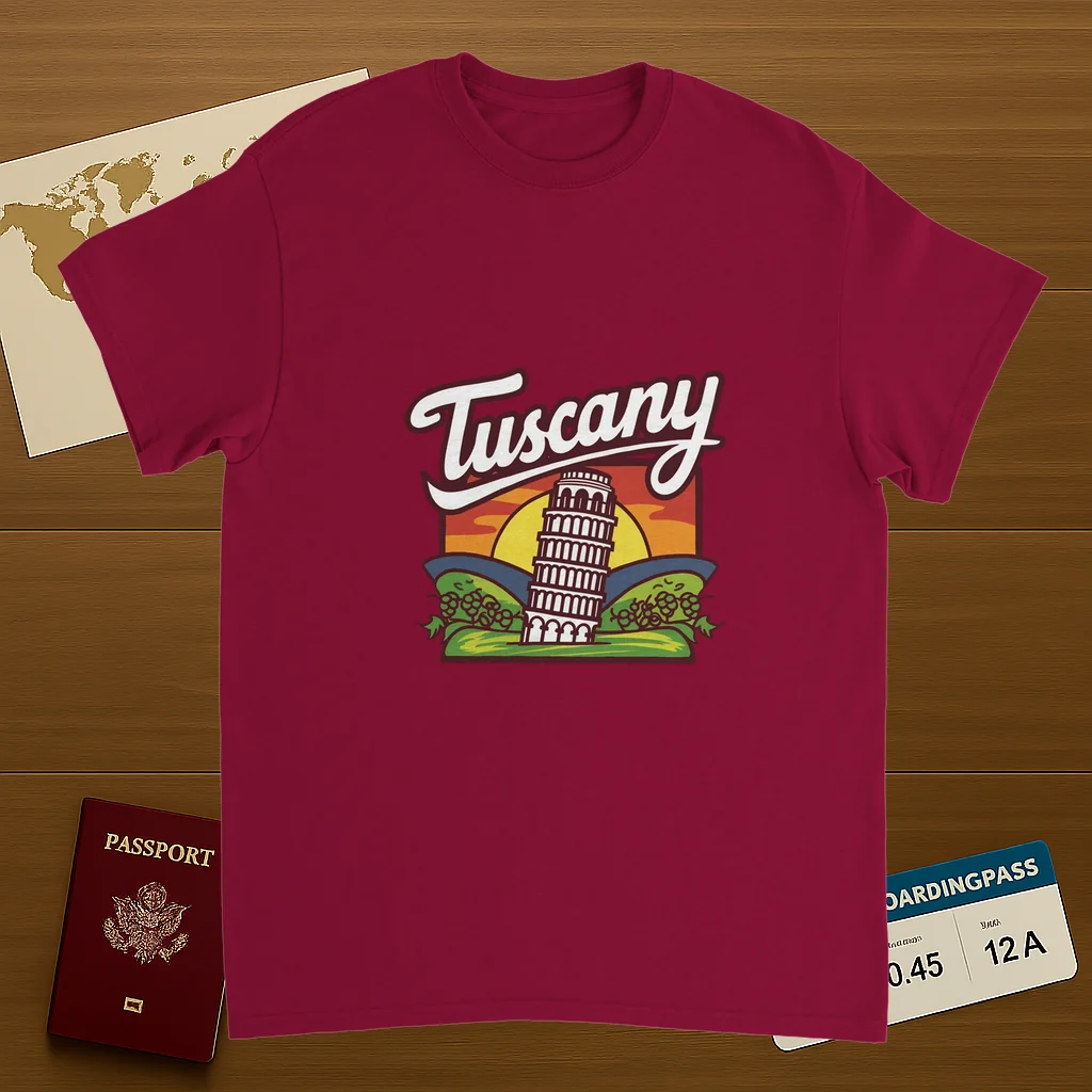 cardinal red Tuscany Italy Unisex Travel T-Shirt on wooden background with world map, passport, and boarding pass