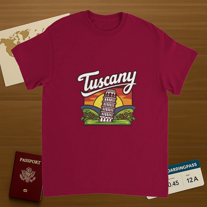 cardinal red Tuscany Italy Unisex Travel T-Shirt on wooden background with world map, passport, and boarding pass