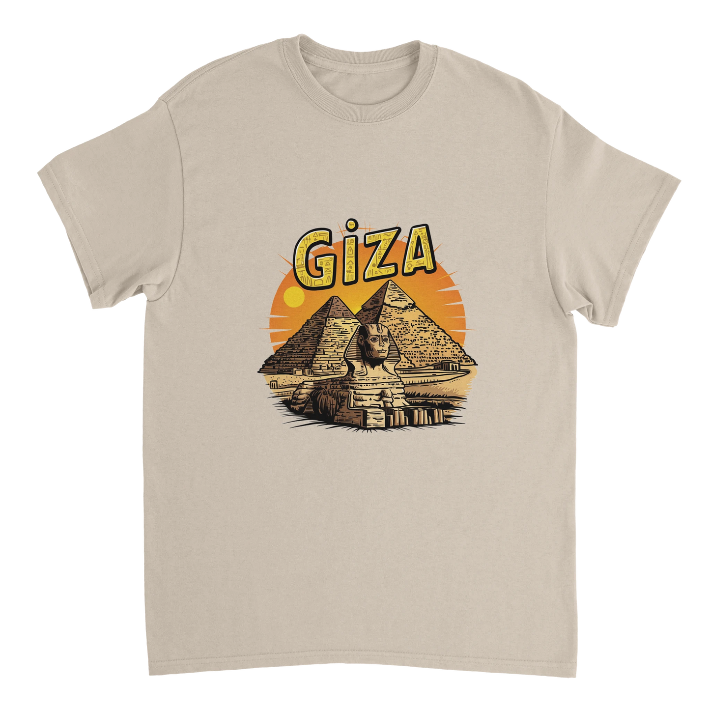 Giza Egypt Unisex Travel T-Shirt on wooden background with world map, passport, and boarding pass