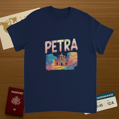 navy Petra Jordan Unisex Travel T-Shirt on wooden background with world map, passport, and boarding pass