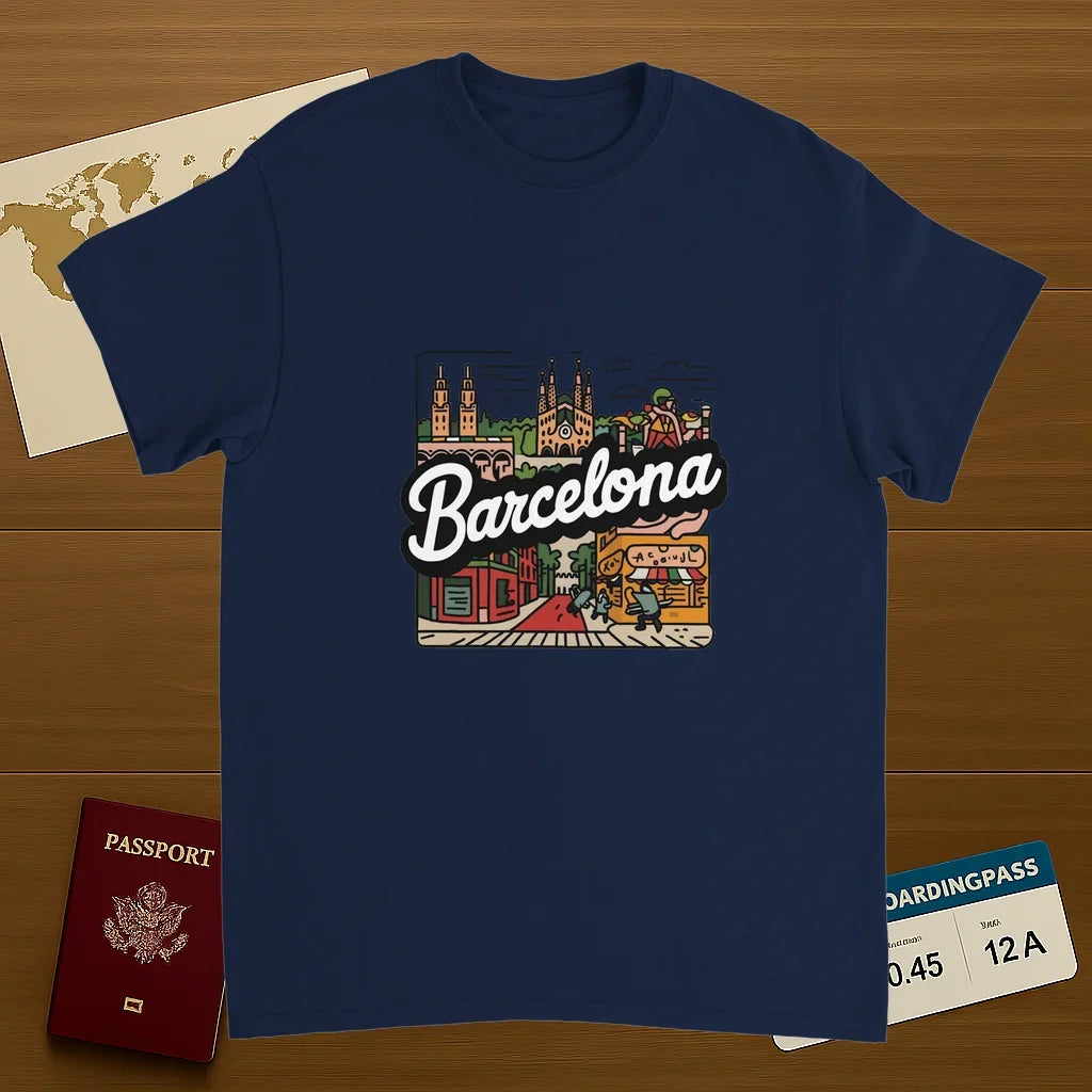 navy Barcelona Spain Unisex Travel T-Shirt on wooden background with world map, passport, and boarding pass