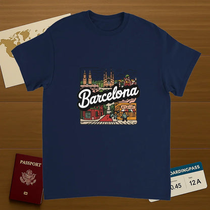 navy Barcelona Spain Unisex Travel T-Shirt on wooden background with world map, passport, and boarding pass