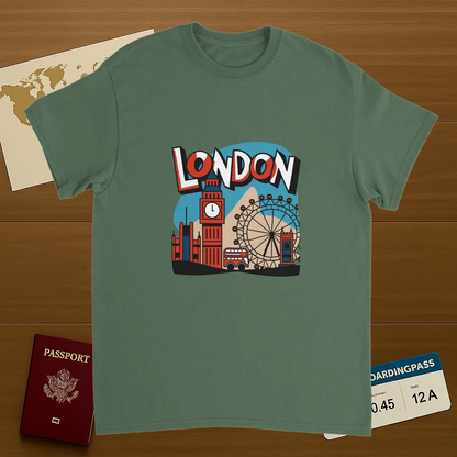 military green London England Unisex Travel T-Shirt on wooden background with world map, passport, and boarding pass