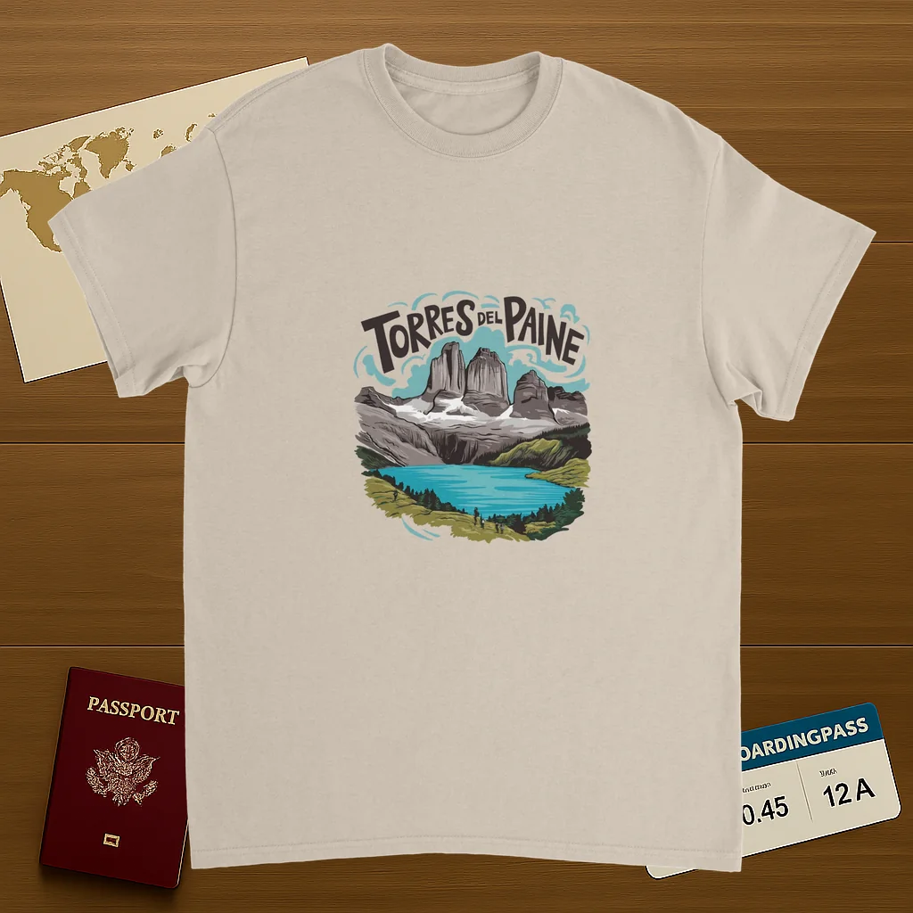 Torres del Paine Chile Unisex Travel T-Shirt on wooden background with world map, passport, and boarding pass