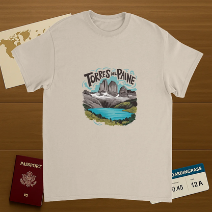 Torres del Paine Chile Unisex Travel T-Shirt on wooden background with world map, passport, and boarding pass