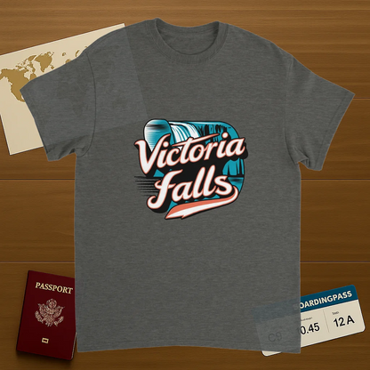 Victoria Falls Unisex Travel T-Shirt on wooden background with world map, passport, and boarding pass