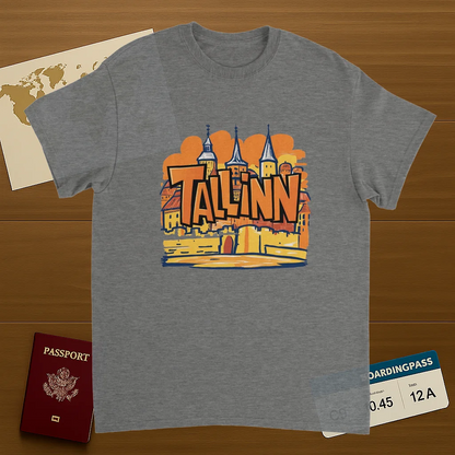 sport grey Tallinn Estonia Unisex Travel T-Shirt on wooden background with world map, passport, and boarding pass