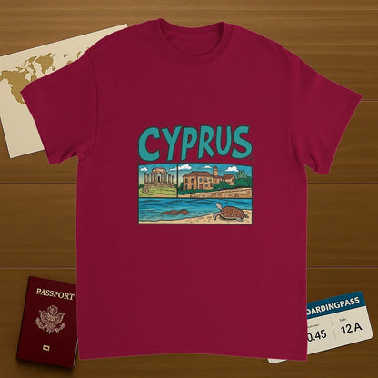 cardinal red Cyprus Unisex Travel T-Shirt on wooden background with world map, passport, and boarding pass