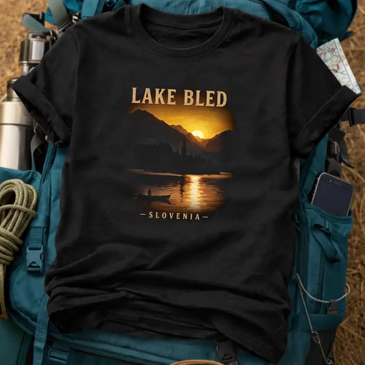 Lake Bled Slovenia T-Shirt – Retro Sunset Landscape Graphic Tee
